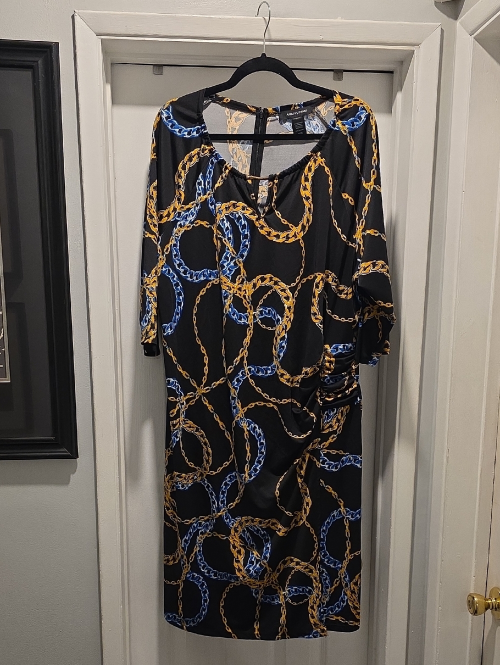 Ashley Stewart Black Midi Dress with Blue & Gold Chain Print